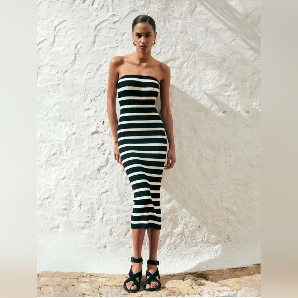 H&M Black and White Stripe Ribbed Knit Strapless Dress